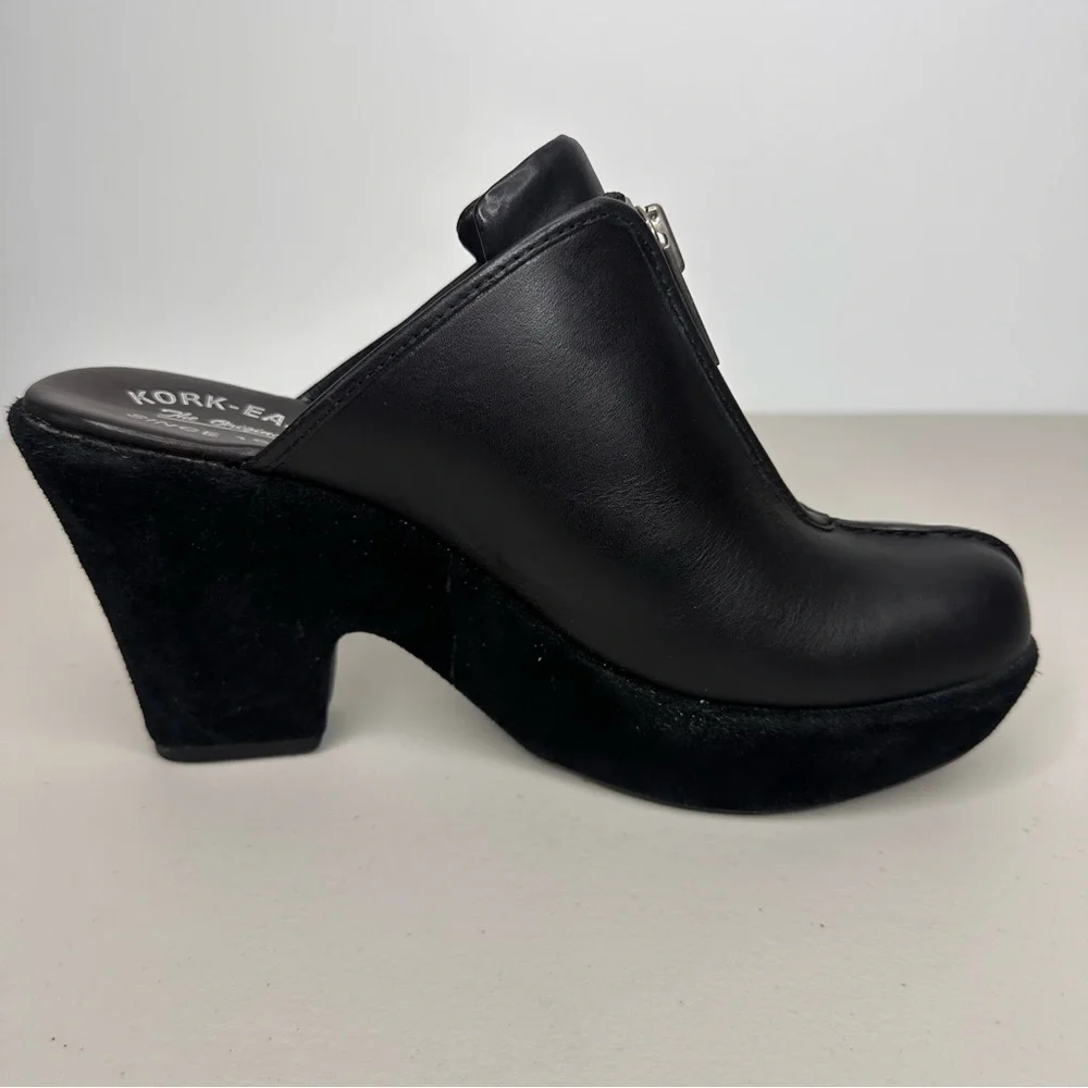 Kork-Ease Leather Heeled Clogs Women’s 10 Black Leather Slip-on Mule Zipper Shoe - Picture 4 of 16